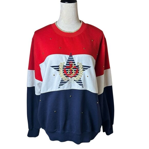 90s Vtg Alfred Dunner Colorblock Nautical Star Patriotic Embroidered Sweatshirt - Picture 1 of 7